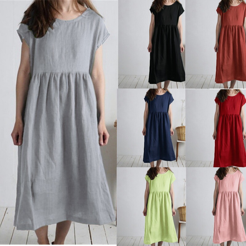 A Large Number of Spot Cross-Border Foreign Trade Mid-Length Skirt Round Neck Short-Sleeved Solid Color Pleated Loose Casual Cotton and Linen Dress for Women A Large Number of Spot Cross-Border Foreign Trade Mid-Length Skirt Round Neck Short-Sleeved Solid Color Pleated Loose Casual Cotton and Linen Dress for Women