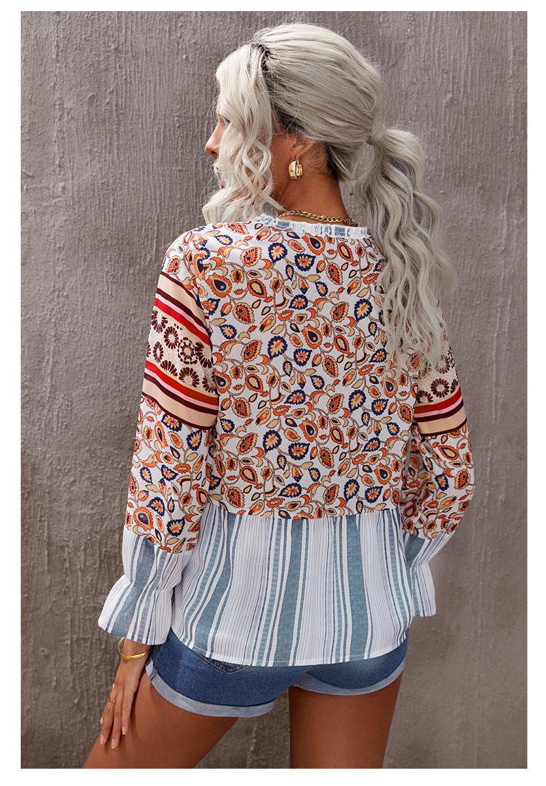 women s stitching trumpet sleeve v-neck floral chiffon top nihaostyles clothing wholesale NSSI79545