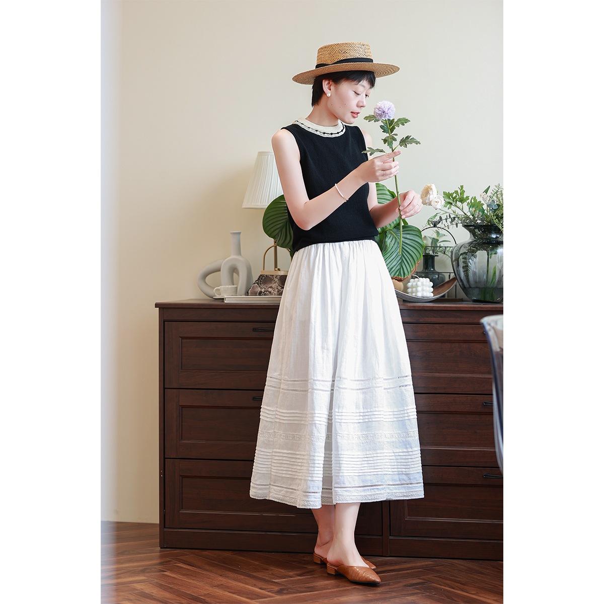 Reject sultry light light high waist hollow embroidery lace white ramie A- line long skirt large swing skirt
