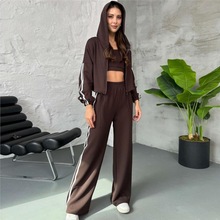 欧美跨境独立站女装春秋时尚连帽拉链外套背心长裤休闲运动三件套