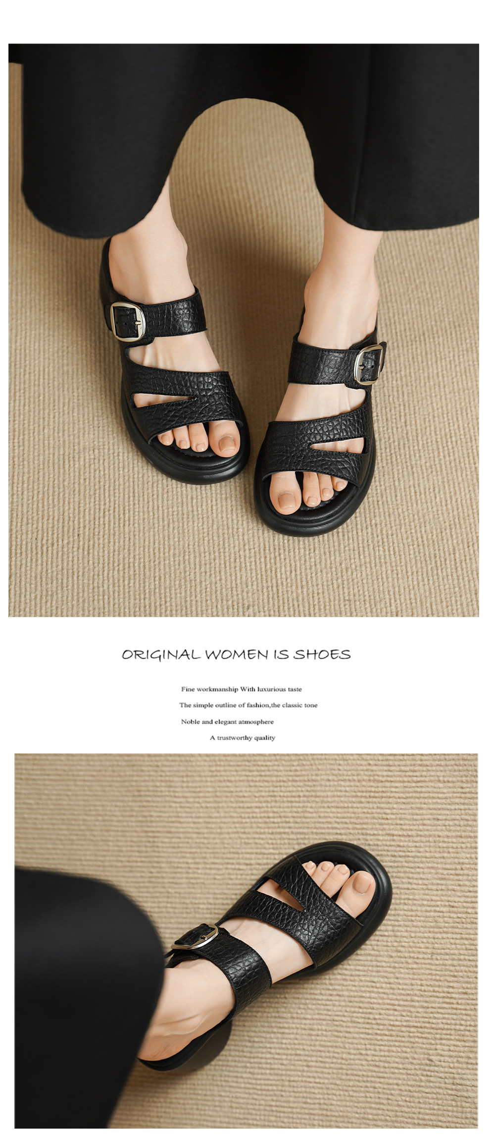 Sandal cao gót nữ hở mũi đế dày da dê 7 cm — đen chi tiết 6