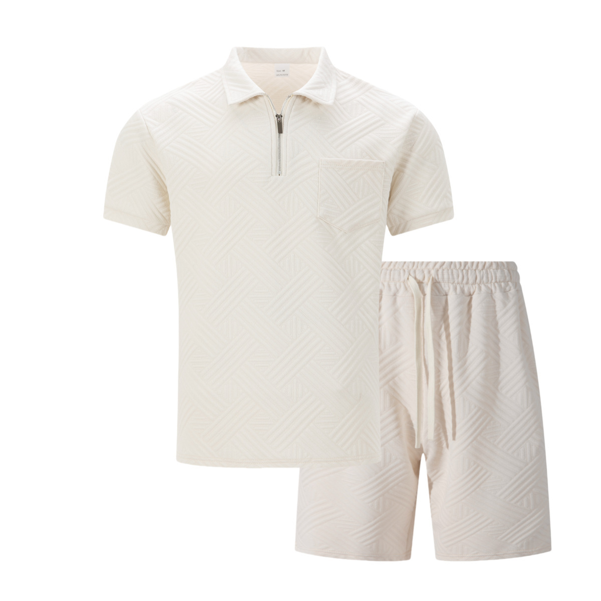 Zweiteiliges Herren-Set aus Waffelstrick, einfarbig, Sommer, Kurzarm, Shorts mit Tasche und Jacquard-Kragen._voghion.com