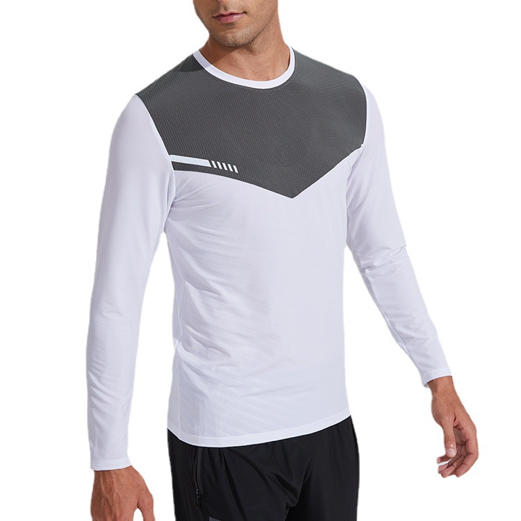 Nuevo color casual a juego de manga larga ropa de secado rápido para hombres transpirable reflectante raya deportes sudor absorbente cuello redondo correr ropa de entrenamiento camiseta