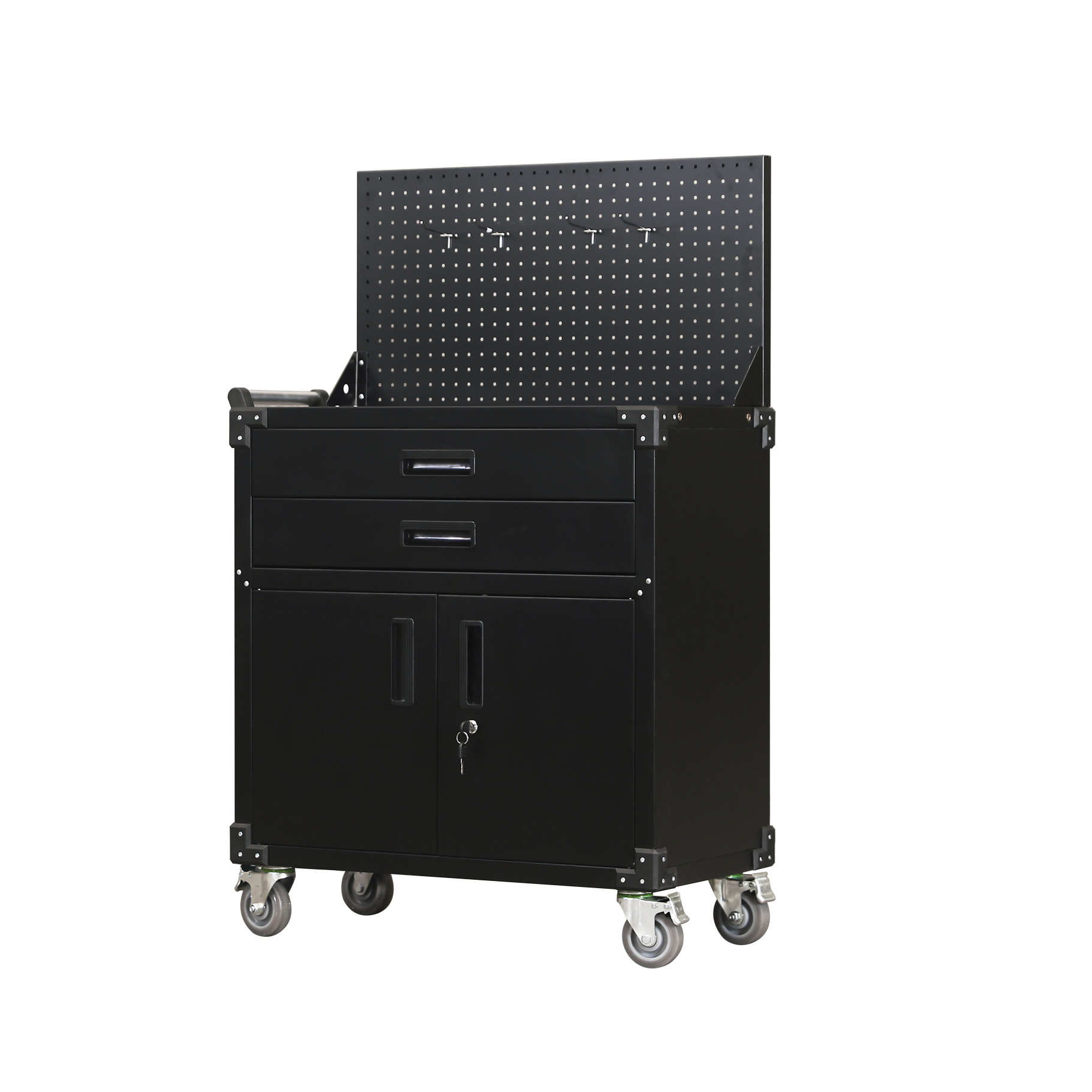 工具柜工具推车带活动架滚筒柜钢制带把手带挂钩2层抽屉孔板带锁