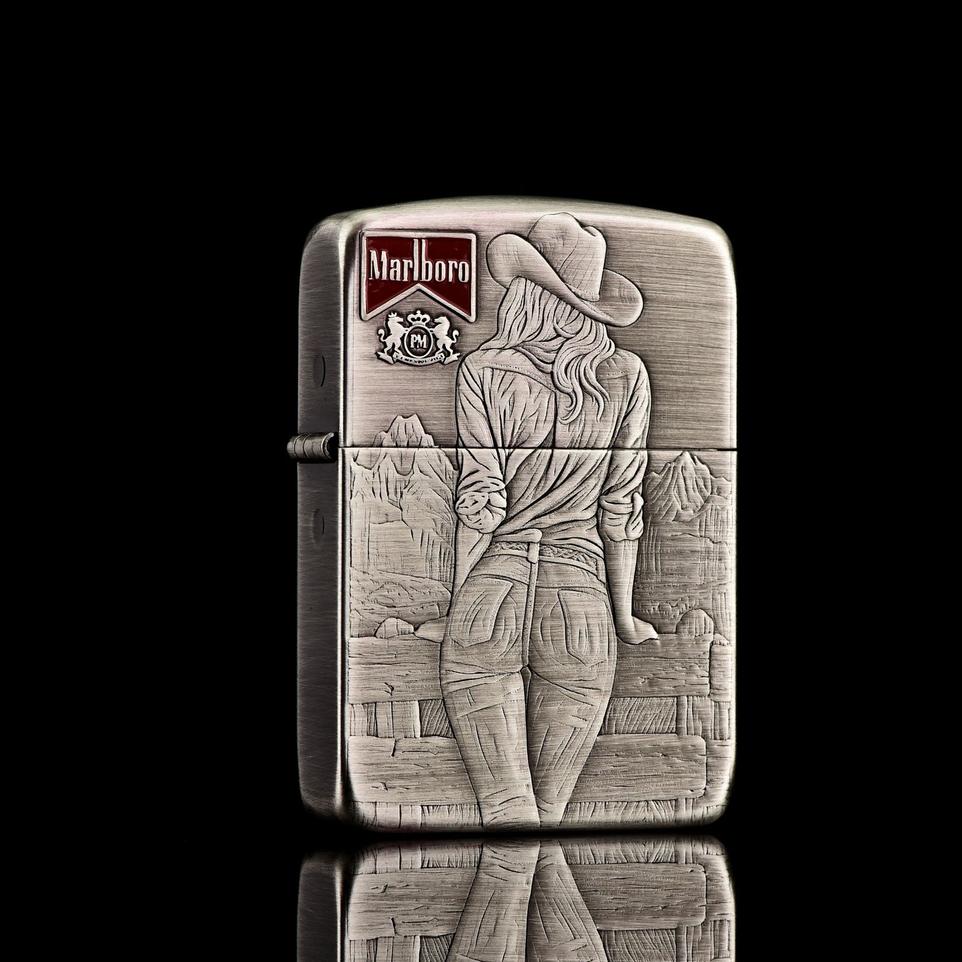 Zippo Lighter Treasure 1941 Antique Silver Double-Sided Lacquer Marlboro Cowgirl