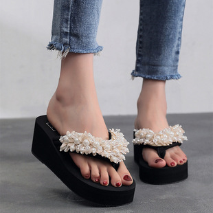 Cross-border Summer Beach Vacation Handmade Slippers Hanging Beads High Heel Flip-flops Women's Plus Size Flip-Flops