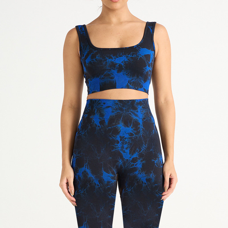 Nuevo traje de yoga de secado rápido de cadera deportivo de cintura alta sin costuras europeo y americano de tres piezas pantalones de yoga de teñido ajustado para mujer