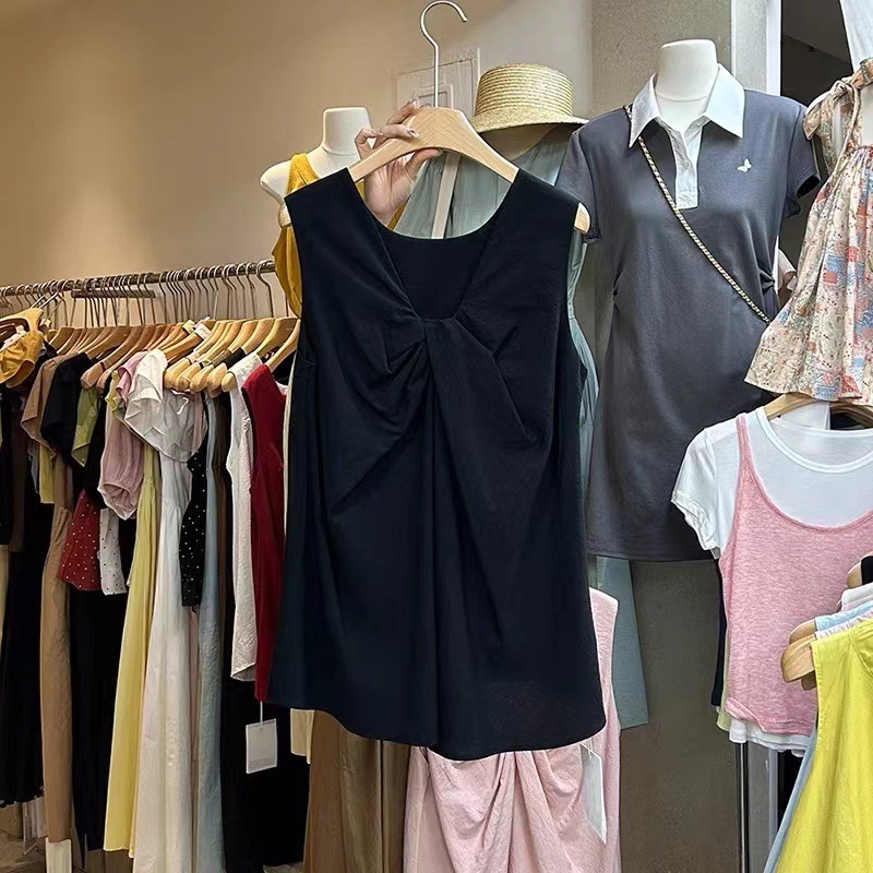 黒のコットンとリネンのツイスト V ネック ベスト シャツ、女性用、夏の気質、ゆったりとしたミドル丈の甘くてスパイシーなトップ|undefined
