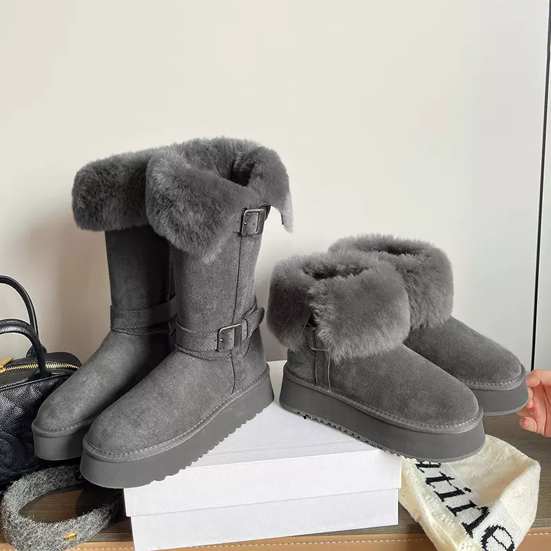 增高两穿厚底毛毛加绒加厚保暖棉鞋灰色长筒雪地靴女冬新款