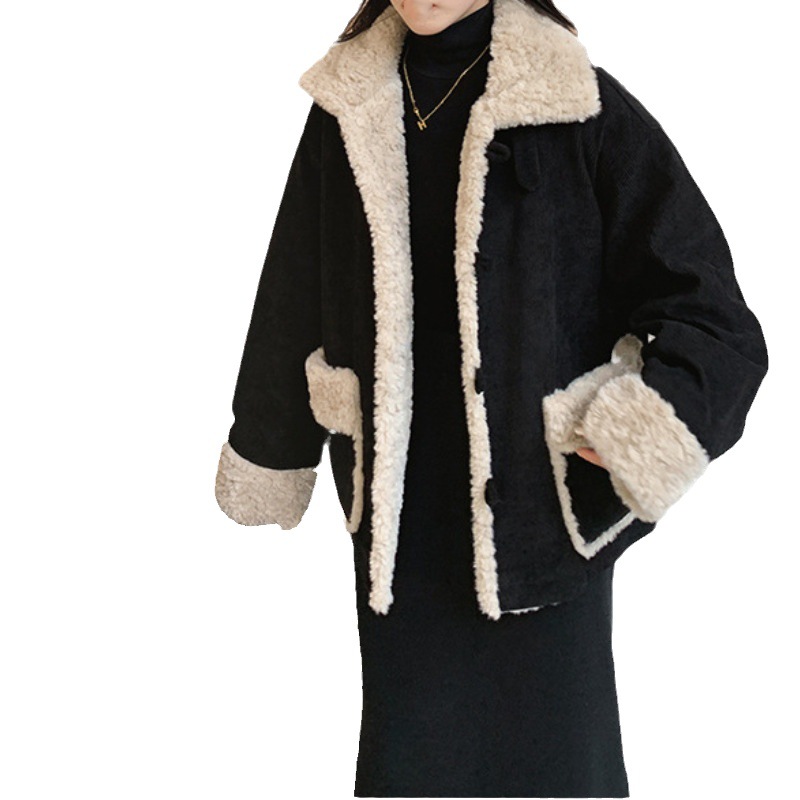 Schwarze Retro-Cord-Imitat-Lammwolljacke für Damen 2023 Winter neue lockere lässige verdickte warme Baumwolljacke_voghion.com