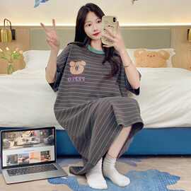 灰色条纹中袖睡裙女甜美卡通加大码女生中长款睡衣家居服跨境货源