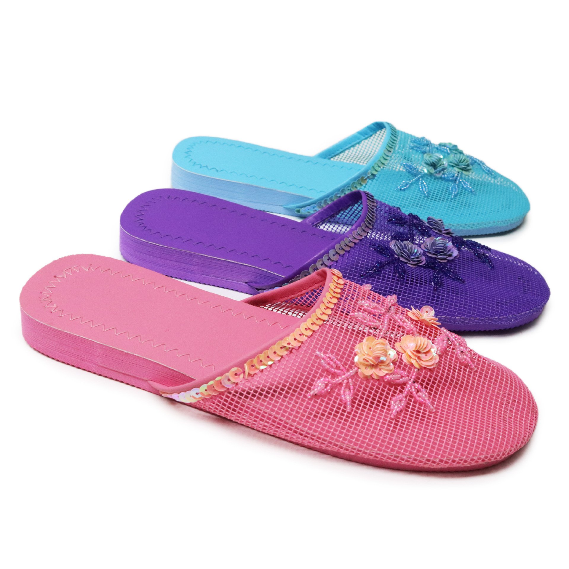 OEM定制颜色跨境外贸女士网拖手工绣三朵花珠片半包拖鞋 Slippers