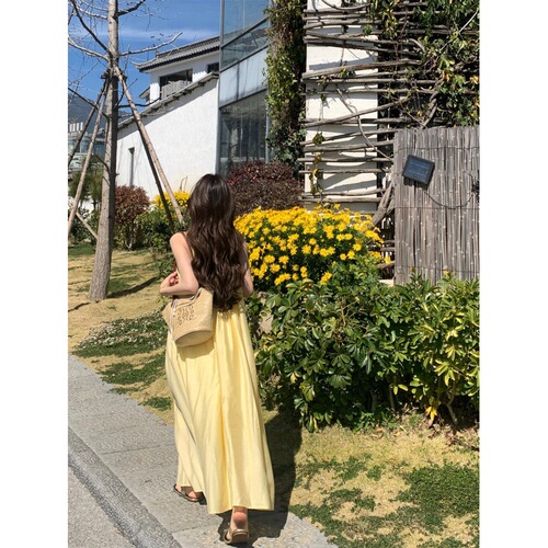 French yellow spaghetti strap dress women's summer beach vacation style clothing dress loose A-line long dress