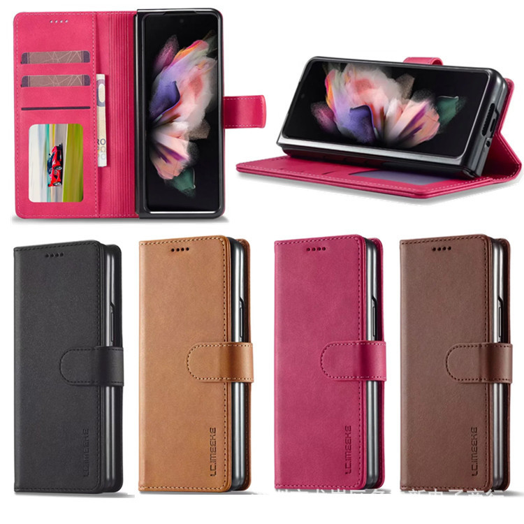 For Samsung Z Fold3 5G calf pattern vintage protective case flip card storage bracket phone case leather case