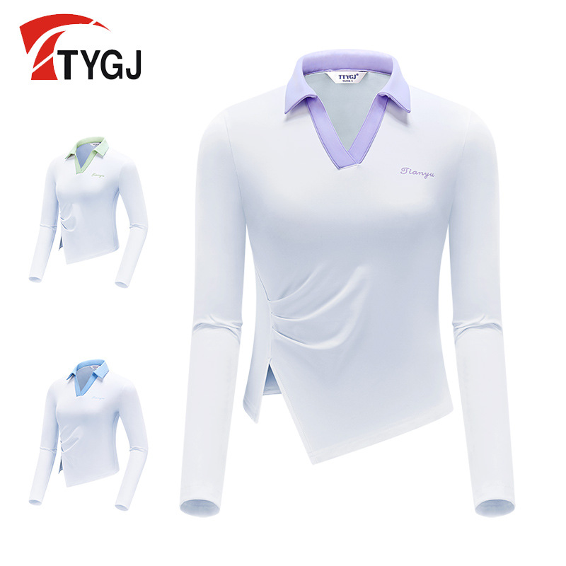 Golf long-sleeved sports top women's spring and autumn waist-tight lapel White fashion T-shirt deodorant quick-drying fitness clothes