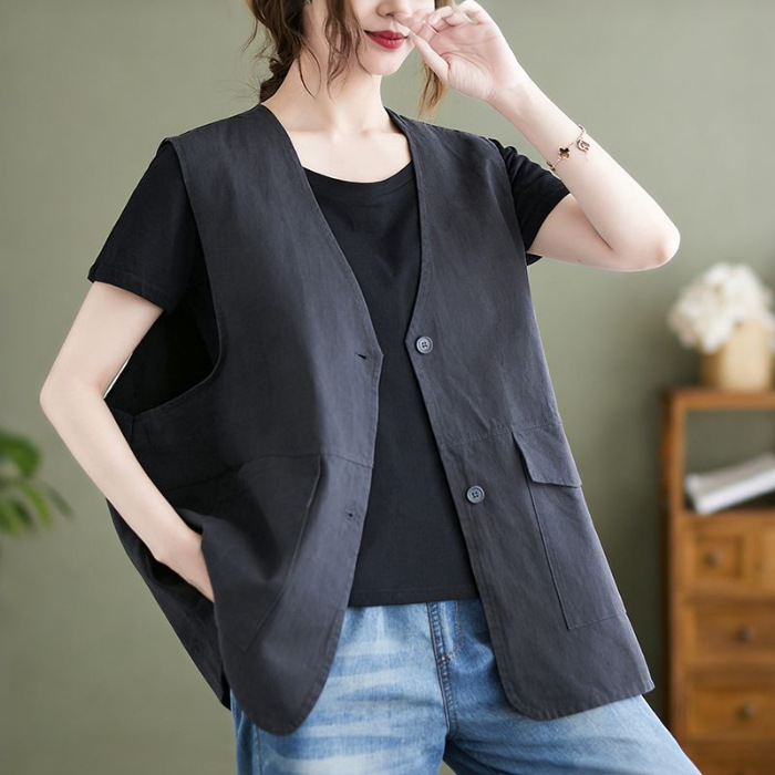 Ropa de primavera nueva literatura y arte universal relajado comercio exterior retro sin mangas cuello en V medio largo chaleco clip chaqueta mujer image 6