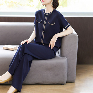 Mother's Summer Dress New Style Western Style Sports suit Middle-aged and Elderly Women's Dress Two-piece Silk Top