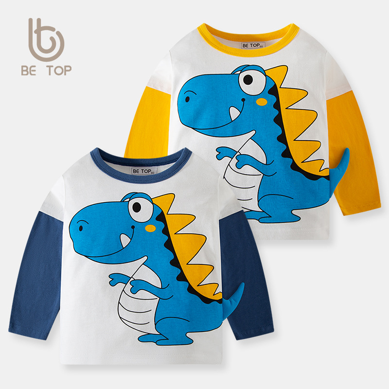 2025 nueva ropa de otoño para niños con dibujos de dinosaurios, camiseta de manga larga de algodón puro, Top de cuello redondo para bebé, triangulación de envíos