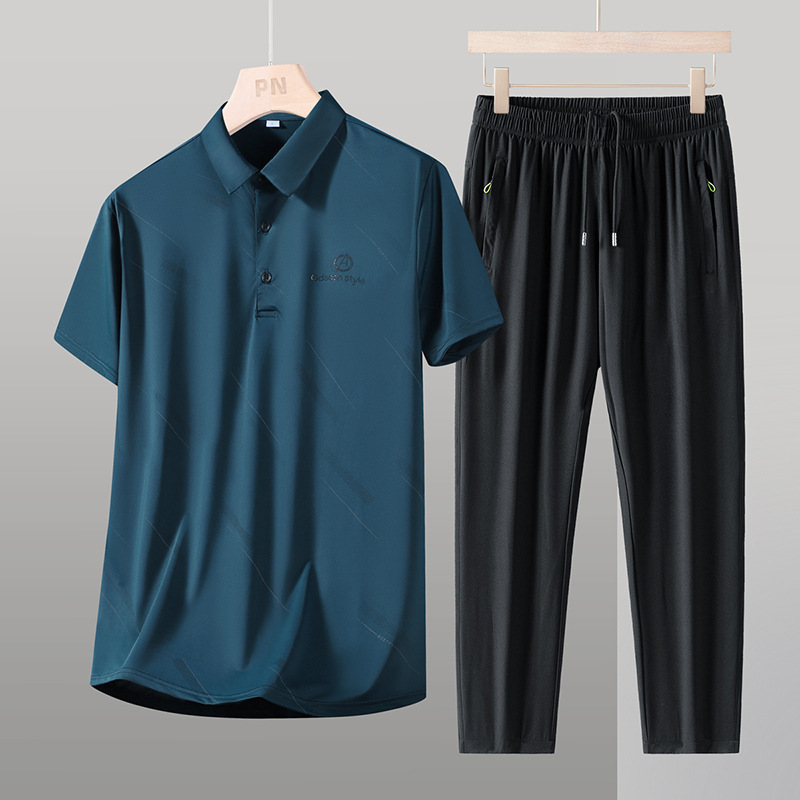 Traje casual de seda de hielo de mediana edad y ancianos de verano Traje de hombre de manga corta Traje de mediana edad y ancianos Traje de papá Camisa de polo de negocios de dos piezas image 1