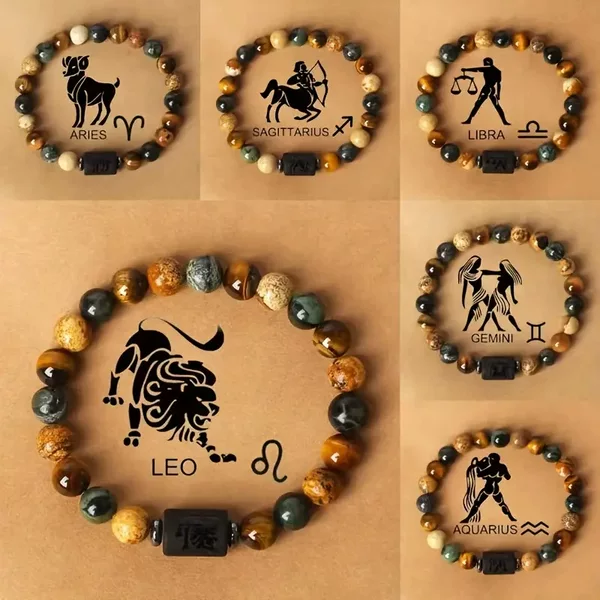 Twelve Constellation Natural Stone Beads Bracelet Explosive Hot Selling Tiger Eye Stone Picture Stone Mix Beaded Bracelet