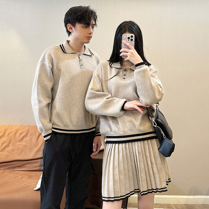대학 스타일의 커플 의류 작은 느슨한 올 매치 원 원피스 스커트 니트 스웨터 주름 패션 폴로 칼라 스웨터