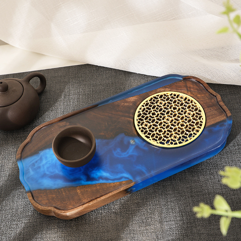 Nuevo chino epoxi resina seca burbuja Mesa negro nogal luz lujo hogar juego de té bandeja olla portavasos fruta bandeja