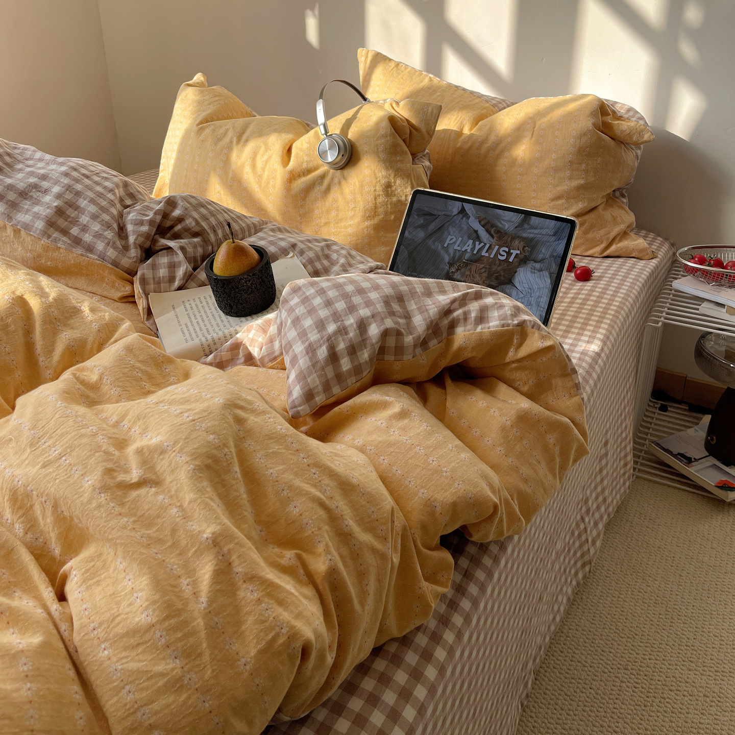 Minimalist Japanese-style Blogger-style Pure Washed Cotton Four-piece Student Bedding Set With Bed Sheet, Duvet Cover,_voghion.com