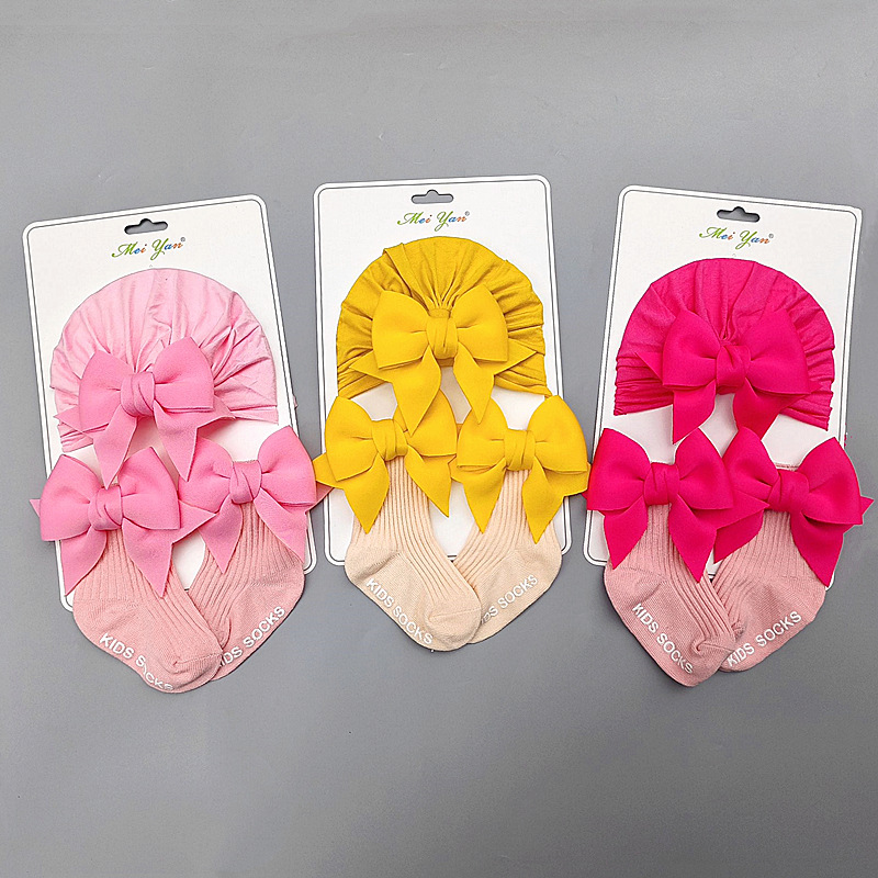 New spring and autumn solid color swallowtail European and American baby socks bow princess cute baby socks hat set