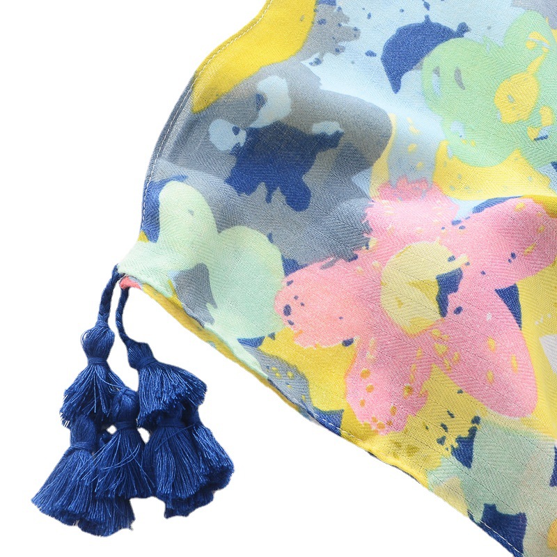 Comercio exterior transfronterizo artístico bufanda de seda del todo fósforo chal protector solar largo Margarita colorida impresa bufanda de borla de algodón y lino