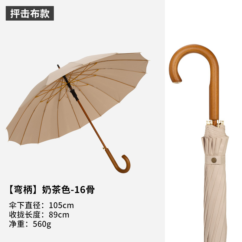 Paraguas grande de mango largo con 16 varillas para hombre, reforzado y resistente, resistente al viento, de doble propósito para sol y lluvia, paraguas doble vintage de madera para mujer.