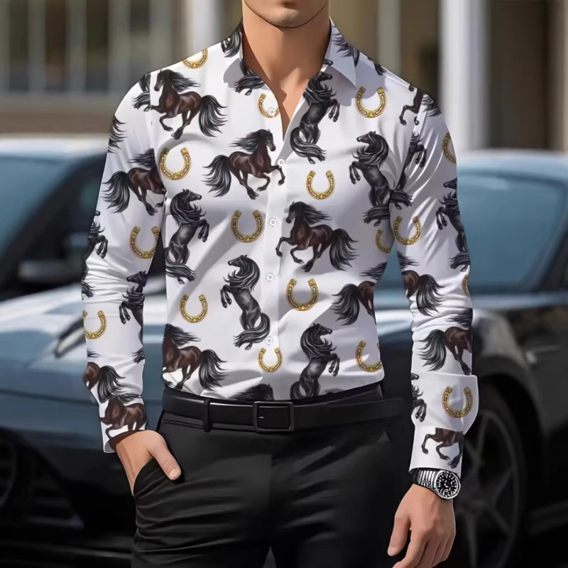 Cross-Border Men's Shirts Amazon Four-Way Stretch Floral Shirts Spring and Autumn Long-Sleeved Casual Printed Shirts Men's Tops