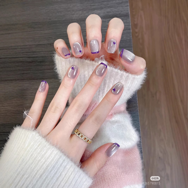 Short Purple French Style Wearable Fake Nail Patches, High-End and Elegant, Whitening Nail Patches, Finished Nail Patches Wholesale Short Purple French Style Wearable Fake Nail Patches, High-End and Elegant, Whitening Nail Patches, Finished Nail Patches Wholesale