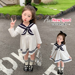 Girls Sweet Navy Neck Dress 2024 Autumn and Autumn New Baby College Style Long Skirt Little Girl JK Princess Dress
