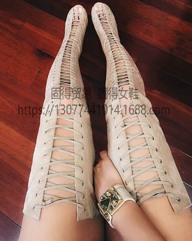 Трансграничные независимые станции в модном показе сапоги до колен на шнуровке с открытым носком, Летняя женская обувь