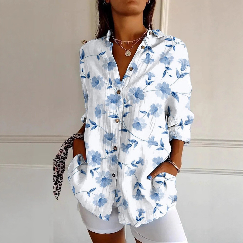Dropshipping of Goods: Women's Long-Sleeved Shirt with Dropped Shoulder Sleeves, Digital Print, Summer Long-Sleeved Shirt for Women