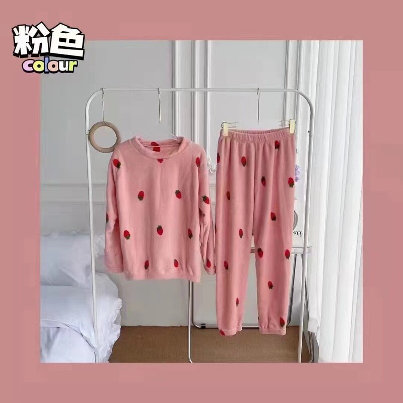 珊瑚绒睡衣女秋冬新款法兰绒可爱时尚长款家居服圆领长袖长裤套装|undefined
