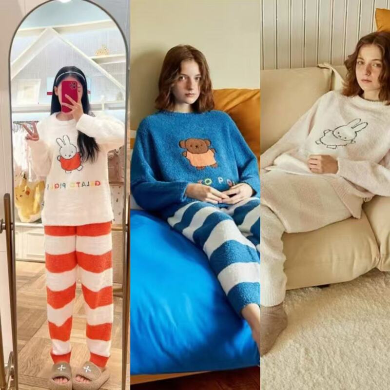 Autumn and Winter 2024 GP Same Style Half-side Velvet Women's Pajamas Long Sleeve Pants Warm Wearing Exterior Thickened Home Clothes