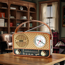 工厂跨境复古钟表全波段收音机应急便携多功能蓝牙插卡播放器2440