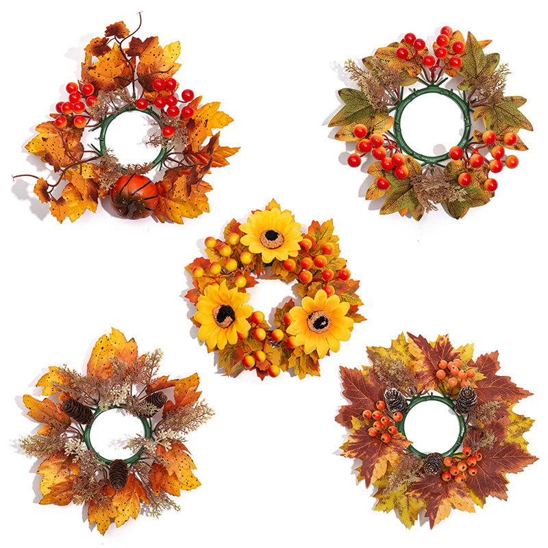 Amazon's Popular Autumn Harvest Festival Candlestick Wreath with Artificial Maple Leaves, Berries, and Pine Cones Decoration Wreath Wholesale in Stock