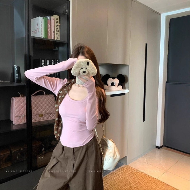 设计感长袖打底衫女2025新款早秋黑色t恤修身短款巨好看轻熟上衣|undefined