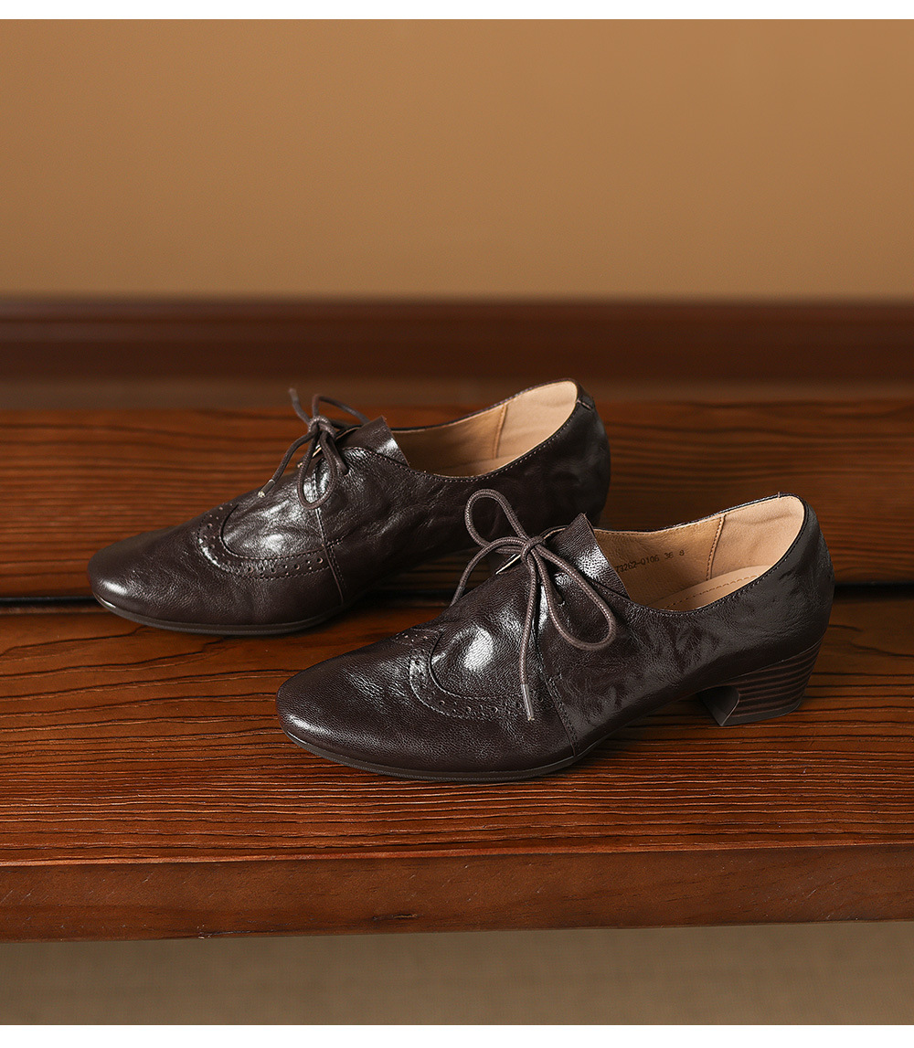 Giày loafer nữ da cừu buộc dây phong cách vintage, gót thấp vuông — màu nâu chi tiết 24