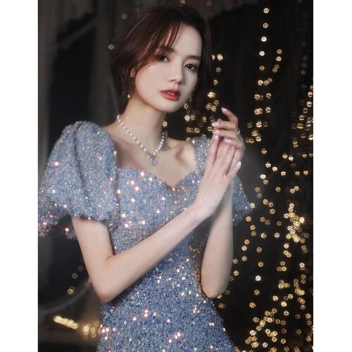 Annual meeting host silver sequined evening dress for women summer chorus performance costume video photo banquet car model dress