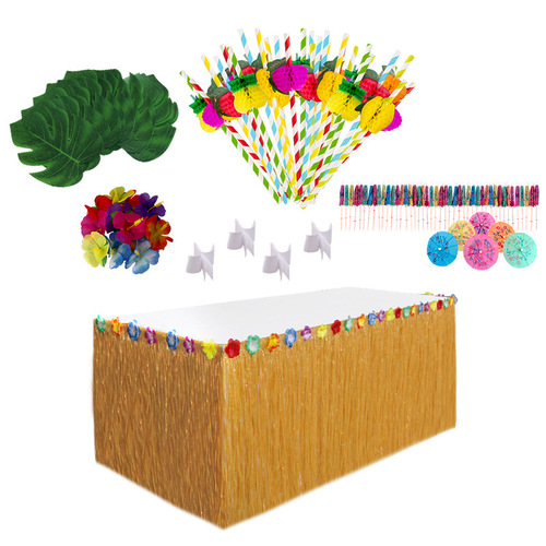 Kai Feng Party Hawaiian Fringe Table Skirt Paper Straw Simulated Tortoiseshell Leaf Flower Rain Umbrella Cake Fruit Picks