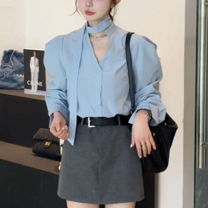 韩系气质v领挂脖长袖衬衫女2025春秋新款设计感小众宽松显瘦上衣|undefined