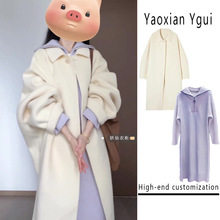 温柔风单扣长款大衣毛呢外套两件套女冬季翻领宽松长袖针织连衣裙