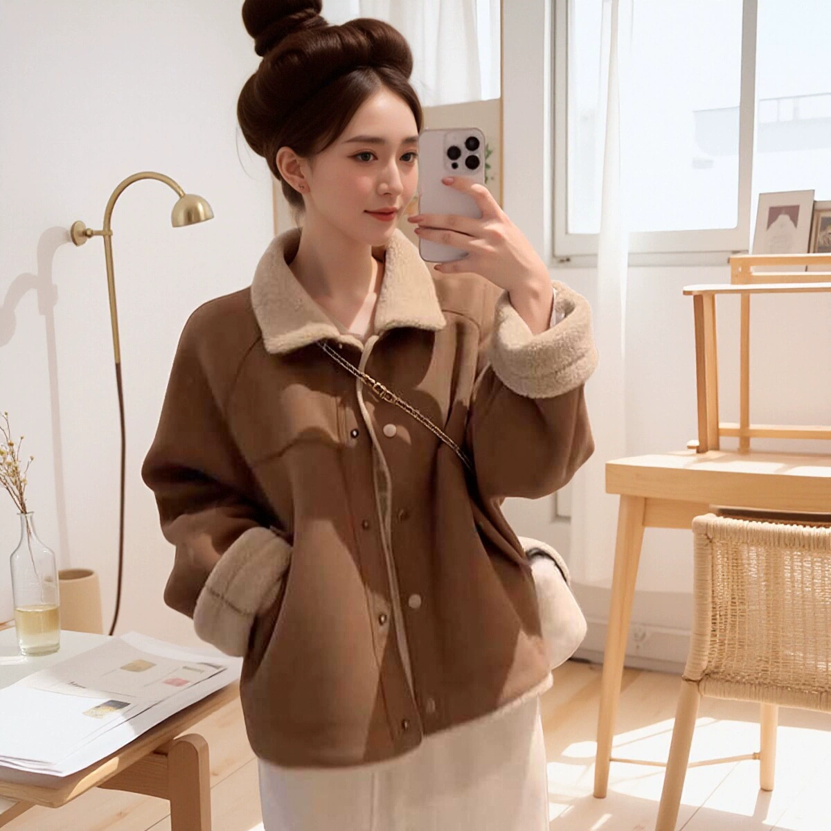 Маленький толстый ретро-отворот куртка женский 2024 осень-зима новый мех один теплая овечья шерсть короткая куртка