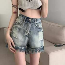 短裤流行牛仔裤时尚新款阔脚裤女夏季水洗潮流百搭浅色ins拉链