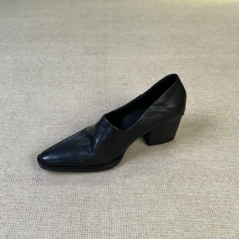 Full leather shoes, top-layer cowhide, chunky heel, pointed toe, deep-cut single shoes, European and Korean style, simple retro high-heeled shoes for commuting Full leather shoes, top-layer cowhide, chunky heel, pointed toe, deep-cut single shoes, European and Korean style, simple retro high-heeled shoes for commuting