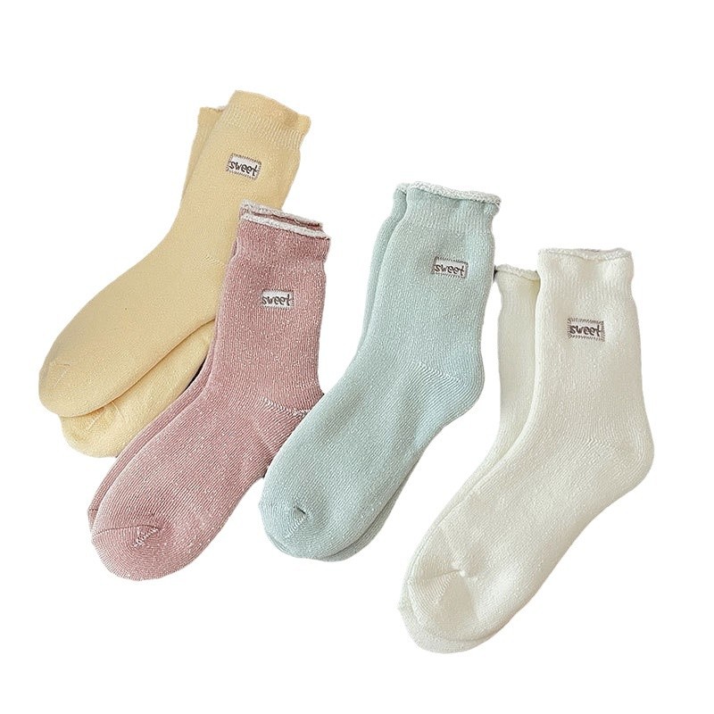 Kışın sıcak çoraplar işlemeli çoraplar artı kadife kalın taban çorapları düz renk fırçalanmış çoraplar kışlık kalınlaştırılmış kadın çorapları_voghion.com