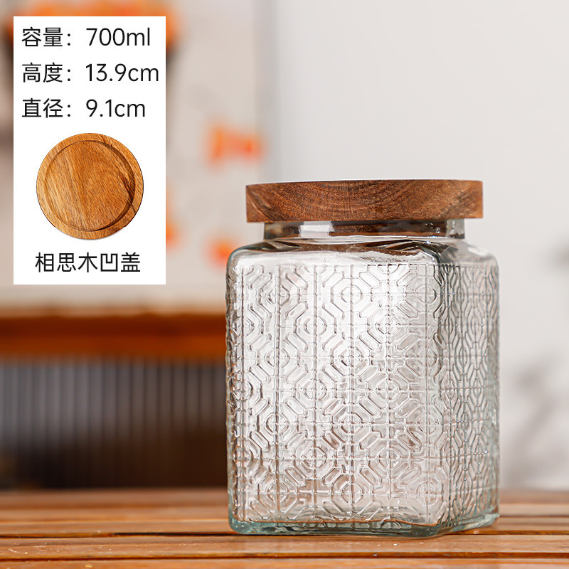 Hogar vintage Begonia flor realzada snack caramelo almacenamiento tarro bambú cubierta americana cocina transparente vidrio sellado frasco